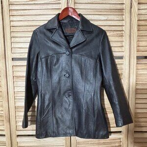 Siena Studio Black Leather Jacket Women’s Small Collared Button-Up Excellent